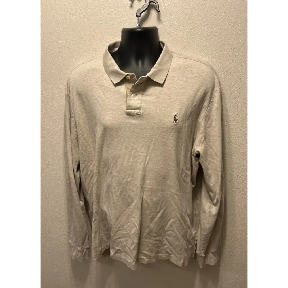 Large Ralph Lauren Polo Shirt Long Sleeve Tan Soft Touch Pima Cotton‎ Solid 2XL